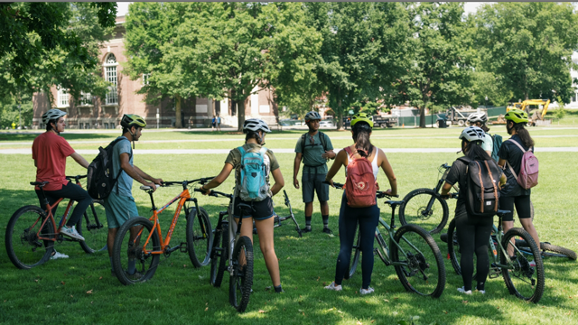 A group of people walking their bikes across a field